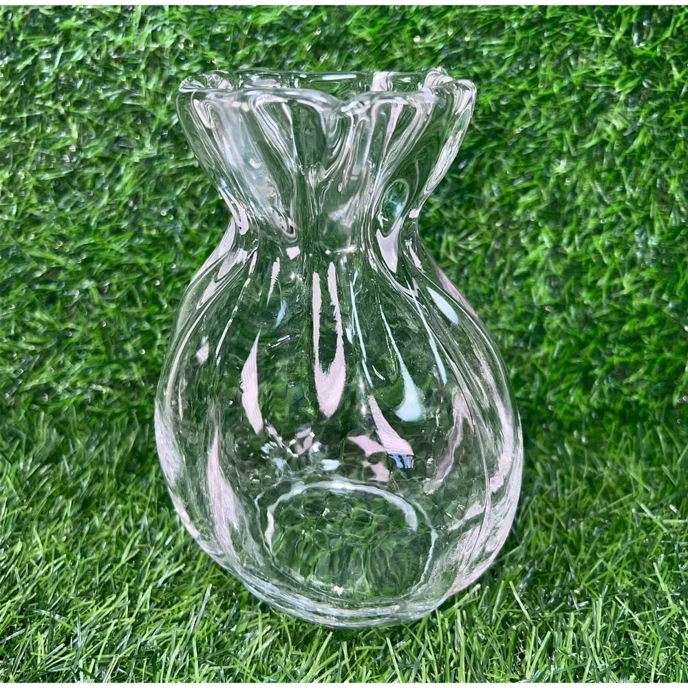 Clear Glass Drawstring Bag Pouch Vase Ruffled Rim Ribbed Texture 7in
